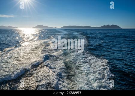 Vue sur les îles Cies en Galice, Espagne, du bateau partant vers Vigo. Banque D'Images