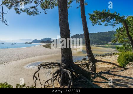 Belle plage de Rodas dans le parc national des Îles Cies à Vigo, Galice, Espagne. Banque D'Images