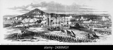 La guerre en Virginie occidentale - bataille de la montagne de l'abattage, qui a combattu samedi, 9 août 1862, entre les troupes nationales commandées par le général Nathaniel Prentice Banks, et l'armée Rebel dirigée par les généraux Stonewall Jackson, Richard Stoddert Ewell, John Henry Winder, etc. - Répulsion finale des rebelles. Illustration de la guerre de Sécession américaine du 19th siècle tirée du journal illustré de Frank Leslie Banque D'Images