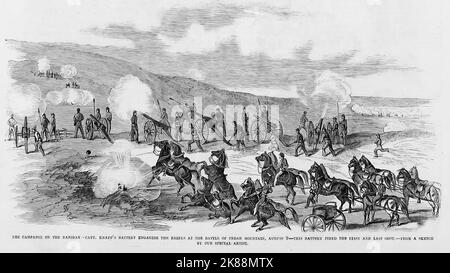 La campagne sur le Rapidan - la batterie du capitaine Knapp engageant les rebelles à la bataille de la montagne de Cèdre, 9 août 1862 - cette batterie a tiré le premier et le dernier coup de feu. Illustration de la guerre de Sécession américaine du 19th siècle tirée du journal illustré de Frank Leslie Banque D'Images