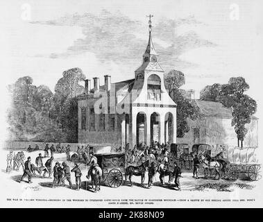 La guerre en Virginie occidentale - amener les blessés à Culpepper court House de la bataille de Slaughter's Mountain a.. Bataille de Cedar Mountain. Août 1862. Illustration de la guerre de Sécession américaine du 19th siècle tirée du journal illustré de Frank Leslie Banque D'Images