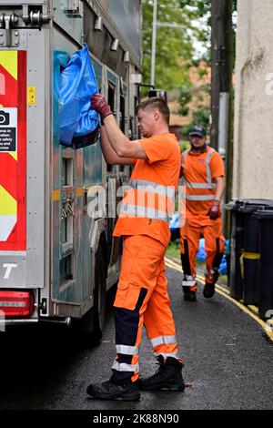 Recyclage hebdomadaire de la collecte des déchets. Les déchets de carton triés par ménage dans un sac étant vidés dans un camion par un ouvrier Banque D'Images
