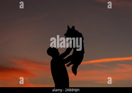 Silhouette de l'homme tenant son joli chien corgi dans les bras au coucher du soleil. L'amitié de l'animal de compagnie et du propriétaire ou du maître. Animaux d'amour concept. Banque D'Images