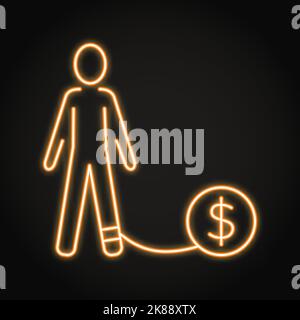 Icône de néon de dette en style de ligne. Homme avec boule et chaîne, avec dollar signe. Symbole d'obligation financière. Illustration vectorielle. Illustration de Vecteur