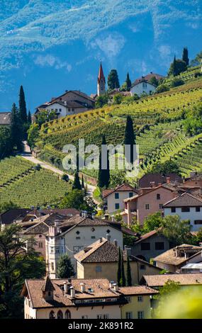 Paysage dans la vallée de l'Etschtal, dans le Tyrol du Sud, au-dessus du village de Tramin, les vignobles dominent les pentes de montagne, qui abrite le Grap Gewürztraminer Banque D'Images