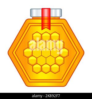 Illustration d'un pot hexagonal au miel avec couvercle et timbre Illustration de Vecteur