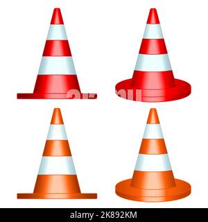 Illustration du cône de circulation. Vue de face et options isométriques, rouges et orange Illustration de Vecteur