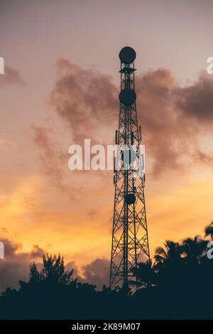 Un cliché vertical avec une silhouette d'une immense tour de communication avec plusieurs antennes de téléphone cellulaire et différents relais avec un magnifique skys de soirée Banque D'Images