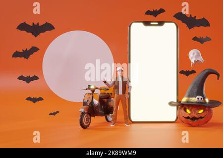 3D Illustration , 3D rendu . Service de livraison en ligne Halloween Party Rides scooters autour de beaucoup de citrouilles dans la nuit sombre. Livraison rapide Banque D'Images