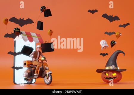 3D Illustration , 3D rendu . Service de livraison en ligne Halloween Party Rides scooters autour de beaucoup de citrouilles dans la nuit sombre. Livraison rapide Banque D'Images