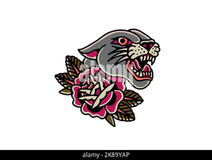 Old School traditionnel tatouage inspiré cool design graphique illustration panther avec rose pour la marchandise t-shirts autocollants papier peint étiquette Banque D'Images