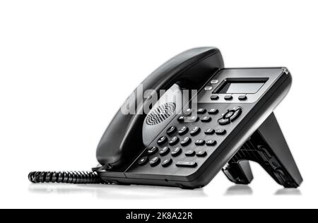 Téléphone avec VOIP isolé sur fond blanc. Support client, concept de centre d'appels. Téléphone moderne VoIP. Support de communication, centre d'appels Banque D'Images