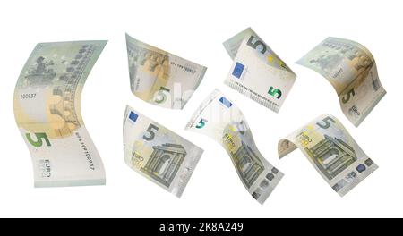 Billet de cinq euros isolé sur fond blanc. Banque D'Images