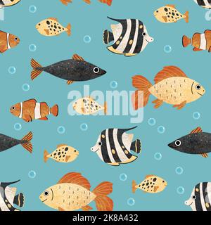 Motif moderne sans couture avec de jolis poissons tropicaux rayés et des bulles d'eau sur fond bleu. Thème de la vie sous-marine. Idéal pour le textile Banque D'Images