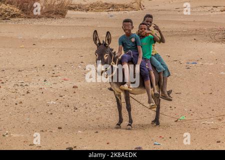 ABRI, SOUDAN - 26 FÉVRIER 2019 : des garçons de la région à cheval sur l'âne près d'abri, au Soudan Banque D'Images