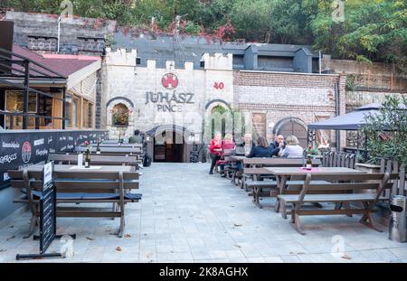 Eger, Hongrie – 17 octobre 2022. Cave à vin de coing Juhasz dans la Vallée des belles femmes d'Eger, Hongrie. Vue extérieure de la cave avec l'onglet Banque D'Images