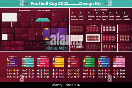 Kit de conception de médias sociaux coupe de football 2022. Jeu d'illustrations vectorielles pour la coupe de football 2022. Fond carré et horizontal, groupes, Illustration de Vecteur