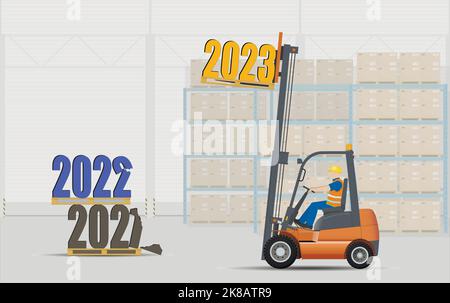 Concept de la nouvelle année 2023. Un chariot élévateur dans un entrepôt stocke les palettes avec les numéros des années passées. Illustration vectorielle plate. Illustration de Vecteur