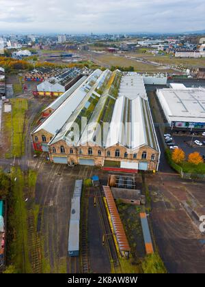 Vue aérienne de l'ancienne usine de locomotives St Rollox à Springburn, bâtiment classé catégorie B, Glasgow, Écosse, Royaume-Uni Banque D'Images