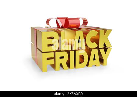 Golden Black Friday texte en forme de cadeau isolé sur fond blanc. 3d illustration. Banque D'Images