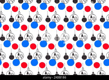 Motif vectoriel minimaliste sans couture avec boules de Noël, textures amusantes, papier d'emballage, papier peint, décoration pour les cadeaux du nouvel an Illustration de Vecteur