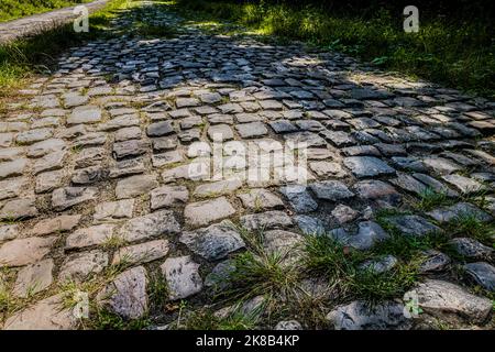 Les pavés de Paris–Roubaix, Arenberg Forrest, Wallers, Nord de la France. Banque D'Images