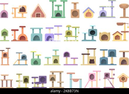 Les icônes de maison de chat définissent le vecteur de dessin animé. Tour d'arbre. Poste maison Illustration de Vecteur