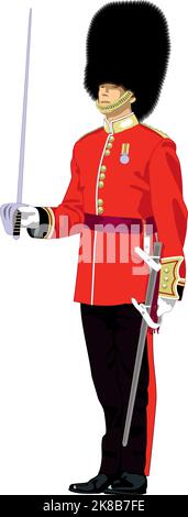 Guardsman anglais en robe complète salue avec une épée Illustration de Vecteur