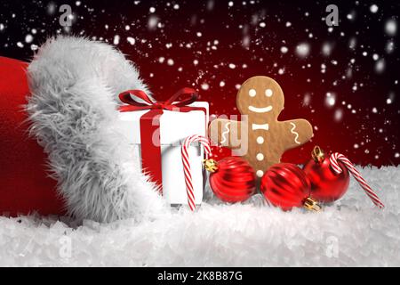 Chapeau de père Noël avec cadeau, boules de Noël, canne à sucre et biscuit d'homme de pain d'épice, fond rouge avec neige tombant, 3D rendu Banque D'Images