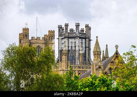 La cathédrale d'Ely s'élève au-dessus des arbres à travers la ville Banque D'Images