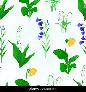 Texture sans couture fleurs de printemps lys de la vallée, des gouttes de neige, bluebell campanula et primrose vintage vecteur illustration botanique éditable main dra Illustration de Vecteur