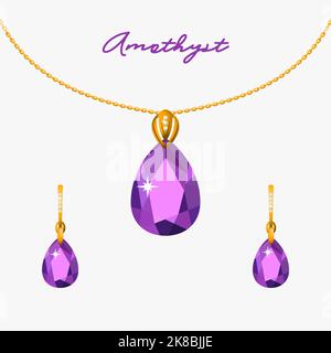 Ensemble de bijoux en or sur une chaîne et boucles d'oreilles avec améthystes Illustration de Vecteur