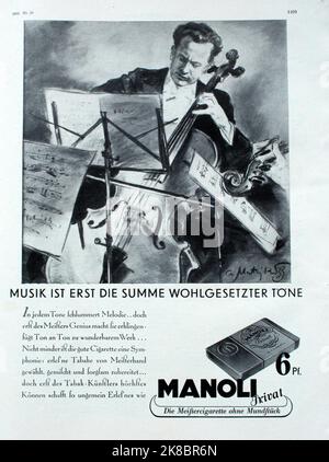 Anzeige der Manoli Zigarettenfabrik Berlin aus dem Jahr 1933 für Zigaretten der Marke 'Manoli privat', die „Meisterzigarette ohne Mundstück“, gestaltet von Theo Matejko (1893-1946). Publicité de l'usine de cigarettes Manoli, Berlin à partir de 1933 pour leur marque 'Manoli privat', conçue par Theo Matejko (1893-1946) Banque D'Images