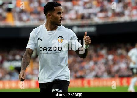 Valence, Espagne, 22 octobre 2022. Justin Kluivert de Valencia CF Pendant le match espagnol de la Liga Santander entre Valencia CF et RCD Mallorca au stade Mestalla. Photo de Jose Miguel Fernandez /Alamy Live News ) Banque D'Images