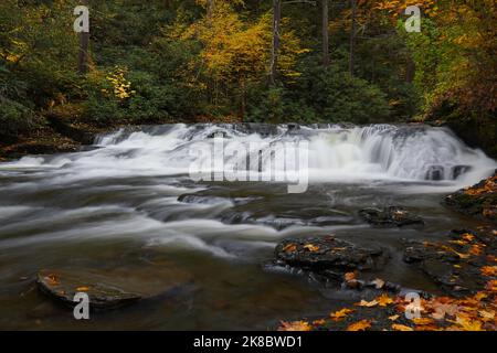 L'eau floue de Dingmans Creek est entourée par la couleur de l'automne dans les Poconos en Pennsylvanie Banque D'Images