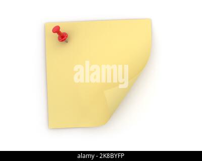 Notepper jaune avec broche rouge , il s'agit d'une image générée par ordinateur en 3D. Isolé sur blanc. Banque D'Images