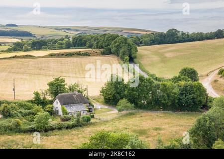 Vue aérienne de l'ancien cottage en chaume dans le paysage de Dorset Banque D'Images