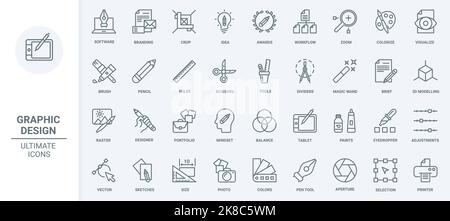 Design graphique icônes de ligne mince définir l'illustration vectorielle. Logiciels et outils pour visualiser le portefeuille des concepteurs et les idées et projets créatifs, la règle et le pinceau magique, la taille de coupe des ciseaux et le stylo Illustration de Vecteur