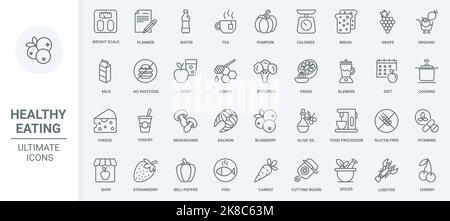 Illustration vectorielle de l'ensemble des icônes de produits alimentaires sains en fines lignes. Décrivez les fruits et légumes frais biologiques, l'eau et le thé avec du miel, du yogourt et du lait de ferme, des fruits de mer de poisson et de l'huile d'olive pour cuisiner des repas Illustration de Vecteur