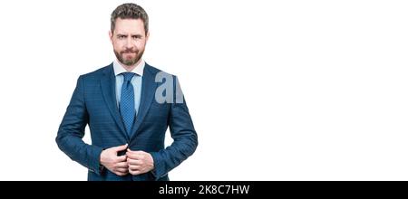 Portrait de visage d'homme, bannière avec espace de copie. Des vêtements qui font le travail. Homme professionnel en costume. Profession et carrière professionnelles. Banque D'Images