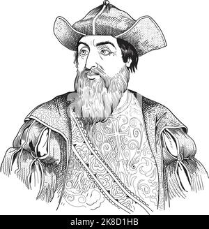 Vasco de Gama, qui, en 1498, a arrondi le cap de la bonne espérance et a navigué jusqu'à Calicut, sur la côte de Malabar. Illustration vectorielle Illustration de Vecteur