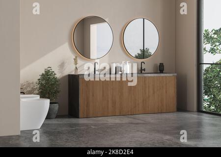Salle de bains moderne avec murs beige, lavabo en marbre avec double miroir et sol en béton gris. Salle de bains minimaliste avec mobilier moderne. Vue sur Banque D'Images