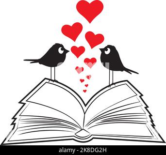 Illustration de livre ouvert et silhouettes de couple d'oiseaux, vecteur. Illustration de dessin animé isolée sur fond blanc Illustration de Vecteur