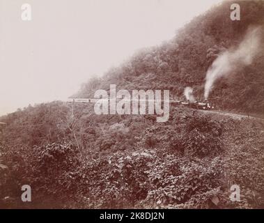Photo noir et blanc vintage d'un train de voyageurs mexicain tiré par une locomotive à vapeur à bois dans les montagnes en route vers Tampico, Tamaulipas, Mexique, Mayo & Weed photographes ca. 1898 Banque D'Images
