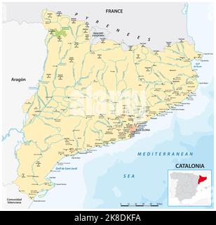 Carte vectorielle de la région du nord-est de l'Espagne en Catalogne Banque D'Images
