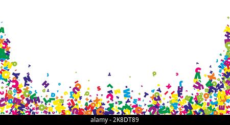 Chute de lettres de langue anglaise. Mots volants lumineux de l'alphabet latin. Concept d'étude des langues étrangères. Bannière supplémentaire de retour à l'école sur fond blanc. Illustration de Vecteur