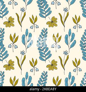 Motif de fleurs Doodle dessiné à la main de couleur verte et bleue. Illustration vectorielle Illustration de Vecteur