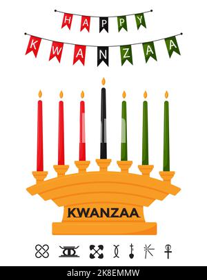 Kinara, un chandelier avec 7 bougies Kwanzaa traditionnelles. Drapeaux de fête avec des mots Happy Kwanzaa. Une carte de vœux pour des vacances afro-américaines. FLA Illustration de Vecteur