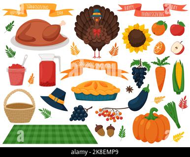 Ensemble d'éléments avec symboles de Thanksgiving. Dinde, panier, tarte à la citrouille, tournesol, fruits, des légumes et un ruban de fête. Illustrateur de vecteur de dessin animé Illustration de Vecteur