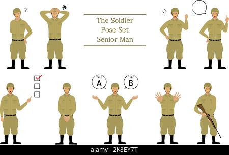 Pose de soldat senior, questionnement, inquiétude, encouragement, pointage, etc Illustration de Vecteur